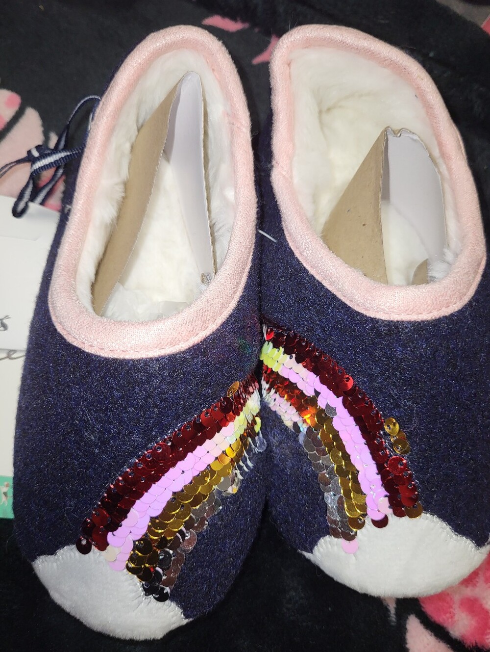Navy Sequin Rainbow Slippers  with Pink Trim